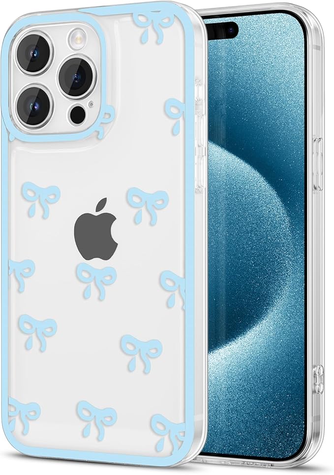 EYZUTAK Case for iPhone 15 Pro Max, Clear Cute Ribbon Bowknot Pattern Aesthetic Transparent Phone Case Raised Camera Protection Stylish Slim Soft Durable TPU Protective Cover for Women Girls - Blue