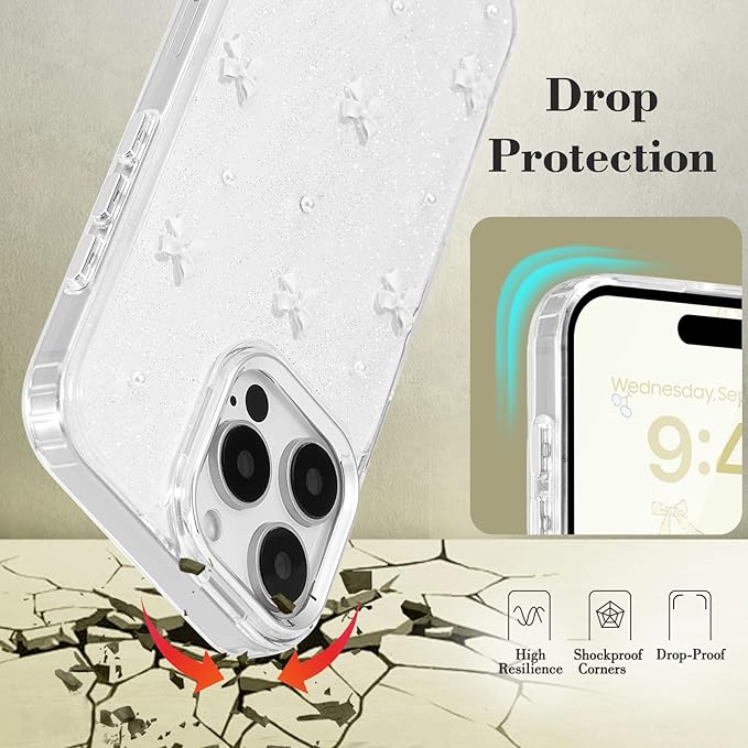 EYZUTAK Case for iPhone Air, Bling Glitter 3D Bowknot Phone Case Cute Sparkly Crystal Clear Bow Aesthetic Design Cover Slim Soft Durable TPU Transparent Protective Cover for Women Girl - White Bow