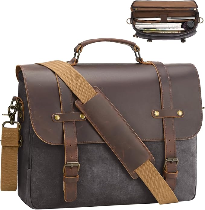 Mens Messenger Bag Waxed Canvas Laptop Briefcase 15.6“ Vintage Genuine Leather Crossbody Bags Waterproof Satchel Shoulder Bag