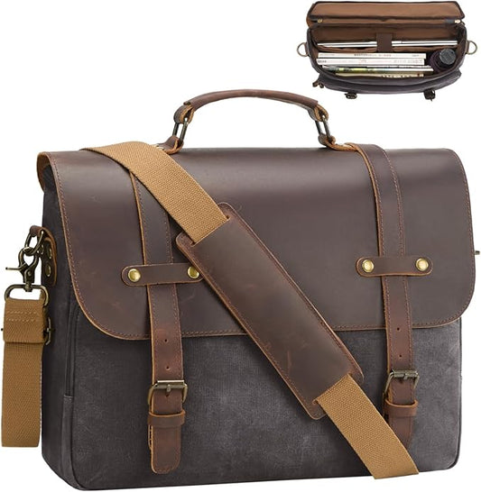 Mens Messenger Bag Waxed Canvas Laptop Briefcase 15.6“ Vintage Genuine Leather Crossbody Bags Waterproof Satchel Shoulder Bag