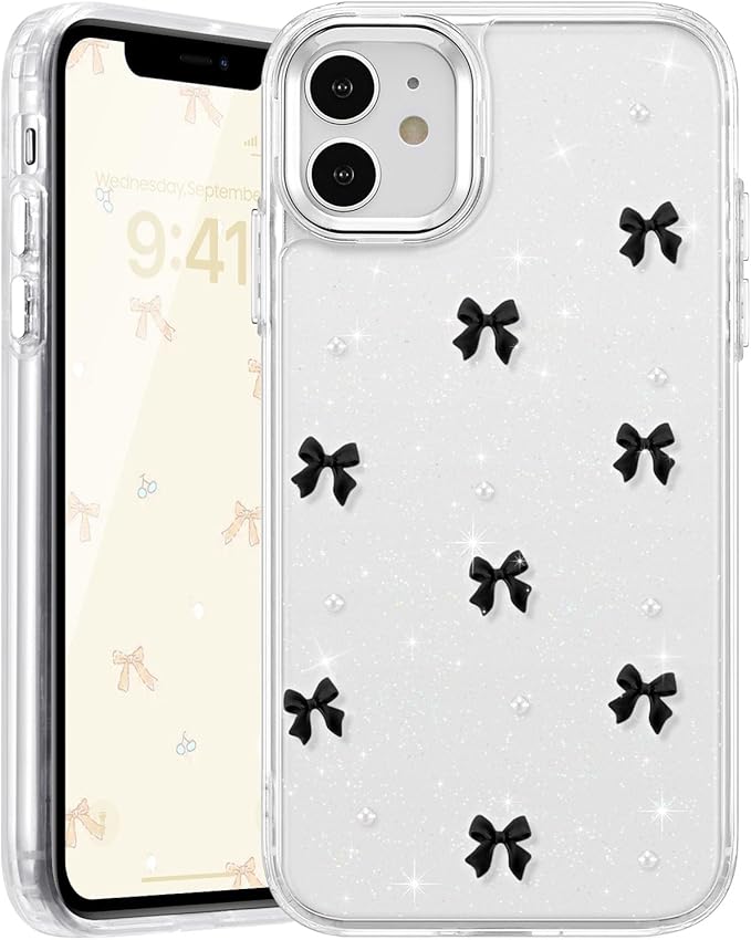EYZUTAK Case for iPhone 11, Bling Glitter 3D Bowknot Phone Case Cute Sparkly Crystal Clear Bow Aesthetic Design Case Slim Soft Durable TPU Transparent Protective Cover for Women Girl - Black Bow