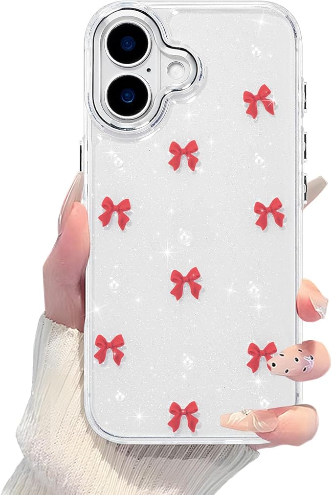 EYZUTAK Case for iPhone 16, Bling Glitter 3D Bowknot Phone Case Cute Sparkly Crystal Clear Bow Aesthetic Design Case Slim Soft Durable TPU Transparent Protective Cover for Women Girl - Red Bow