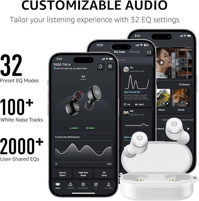 TOZO T10 Wireless Earbuds Bluetooth 5.3 Headphones, App Customize EQ, Ergonomic Design, 55H Playtime, Wireless Charging Case, IPX8 Waterproof Sound in-Ear Headset, 2025 New Version