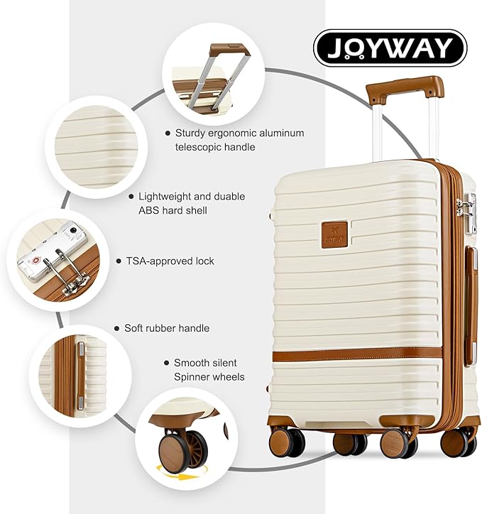 Joyway Luggage Set 3 Piece Suitcase Sets with Spinner Wheel,Hardside Expandable Travel Laggage with TSA Lock (13/20/24/28 White brown