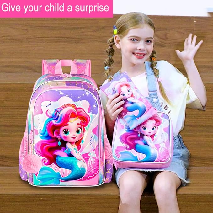 3Pcs Mermaid Backpack for Girls, 16" Kids Bookbag for Elementary Preschool Kindergarten, School Backpacks with Lunch Box(Pink)