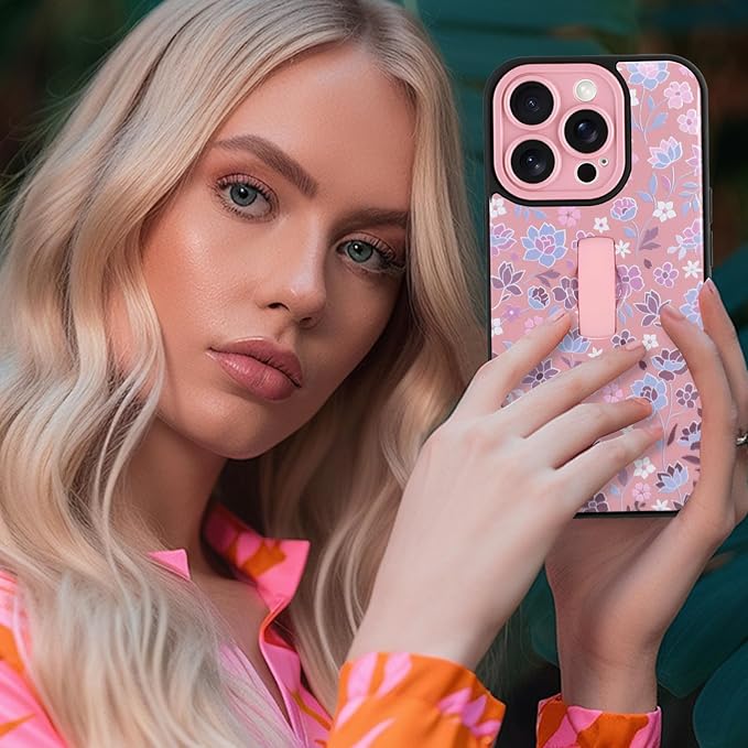 Compatible with iPhone 14 Pro Max Case with Finger Hand Strap Kickstand, Cute Flowers Floral Phone Case for Girls Women Men, Full Camera Protection Shockproof Protective Cover, Pink Flowers