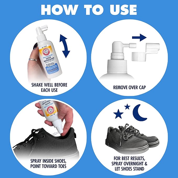 Arm & Hammer Shoe Refresher Spray, Odor Eliminator for Sneakers, 24 Odor & Wetness Control, Aerosol-Free Shoe Deodorizer Spray, Ocean Blast Scent, 3.4 oz, Pack of 2