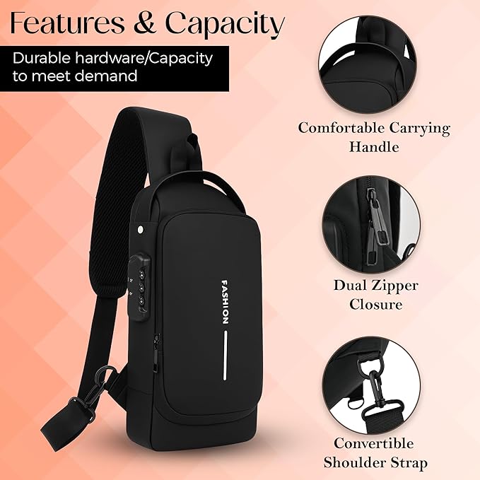 Unisex Anti-Theft Sling Bag with USB Port, Water-Resistant Crossbody Chest Backpack for Travel & Work
