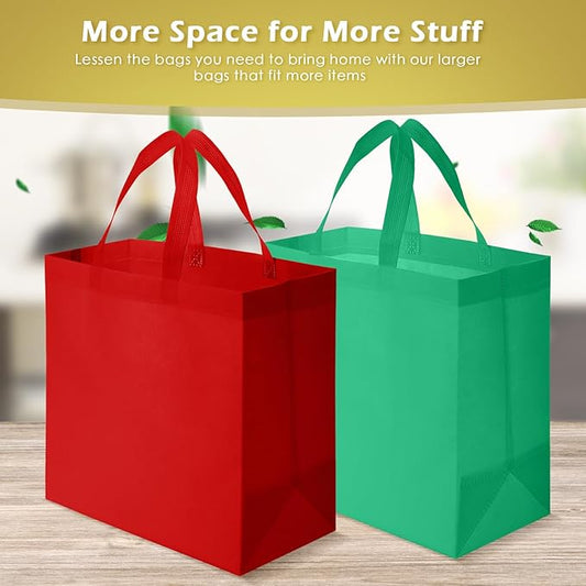 Reginary Reusable Totes Bags - 100 Pcs Non Woven Grocery Handle Bags for Shop Events & Retail Store (Red, Green)