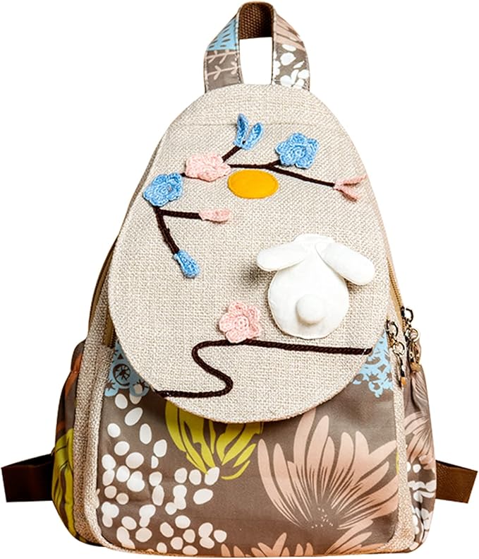 HUANGGUOSHU Women Cotton Woven Bohemian Hemp Boho Canvas Embroidery Multi Pocket Retro Cute Backpack Wallet Backpack White rabbit