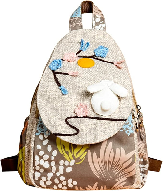 HUANGGUOSHU Women Cotton Woven Bohemian Hemp Boho Canvas Embroidery Multi Pocket Retro Cute Backpack Wallet Backpack White rabbit