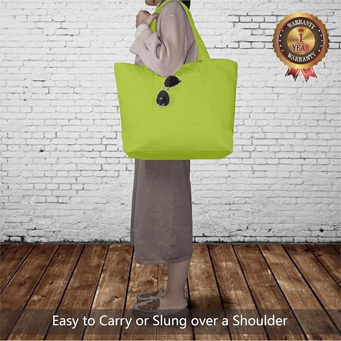 TOPDesign 1-Pack Canvas Tote Bag with an External Pocket, Reusable Grocery Shopping Bag, Top Zipper Closure, Daily Essentials (Light Green)