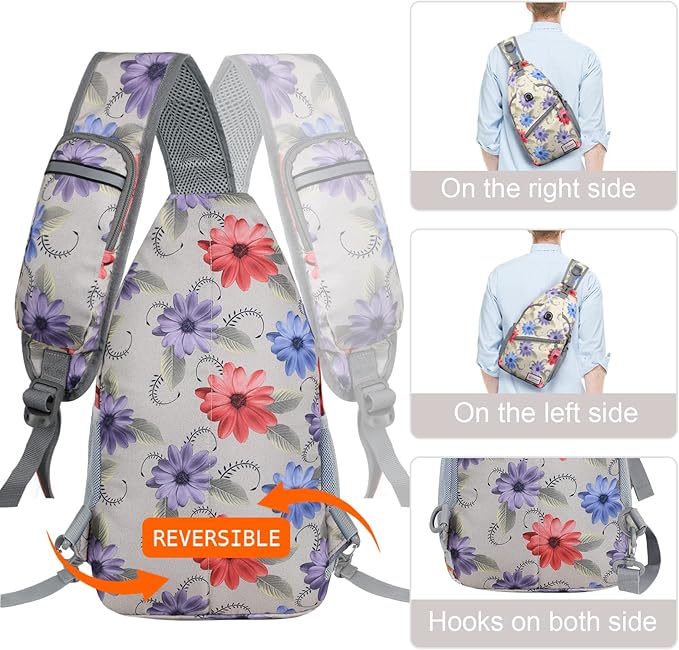 ZOMAKE Sling Bag,Small Crossbody Sling Backpack,Water Resistant Shoulder Daypack for Travel,Anti Thief Chest Bag for Hiking(Color Chrysanthemum)