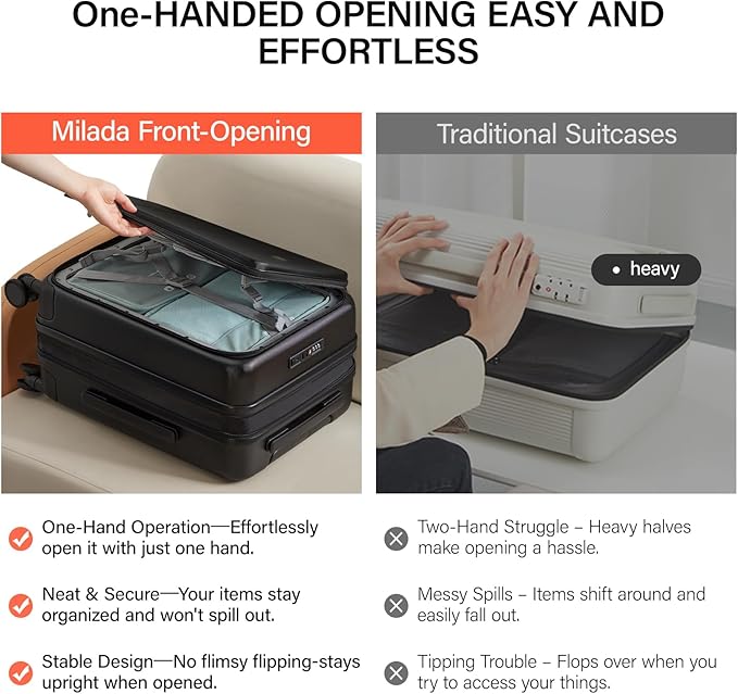 MILADA Expandable Carry On Luggage with Spinner Wheels PC Hard Shell Suitcases 20 Inch Top Opening Travel Suitcase with Wheels TSA Approved Luggage Trunk Rolling Carry-On, Black