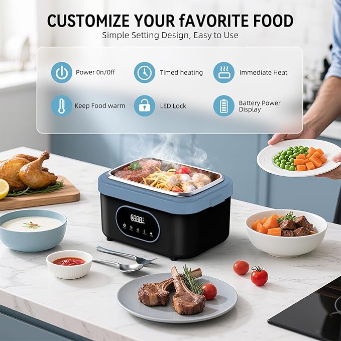 Cordless Electric Lunch Box for Adults, Rechargeable Portable Self-Heating Lunch Box Food Warmer, 1.5L Container for Outdoor, Work, Office, Camping, Travel(BlackBlue).