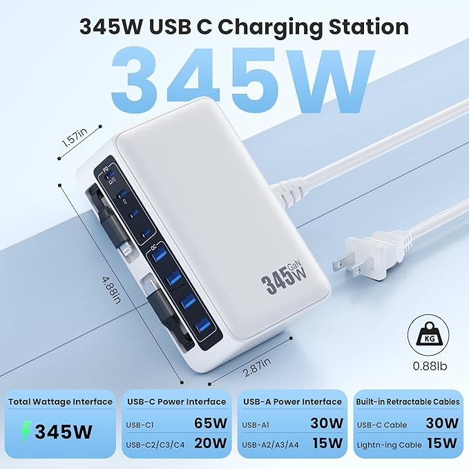 345W USB C Charger Block with 2 Built-in Retractable Cables,10-in-1 GaN IV USB C Charging Station,PD 65W Laptop Charger Power Adapter for MacBook Pro/Air,DELL,iPhone16/15/14,Galaxy S24,Android