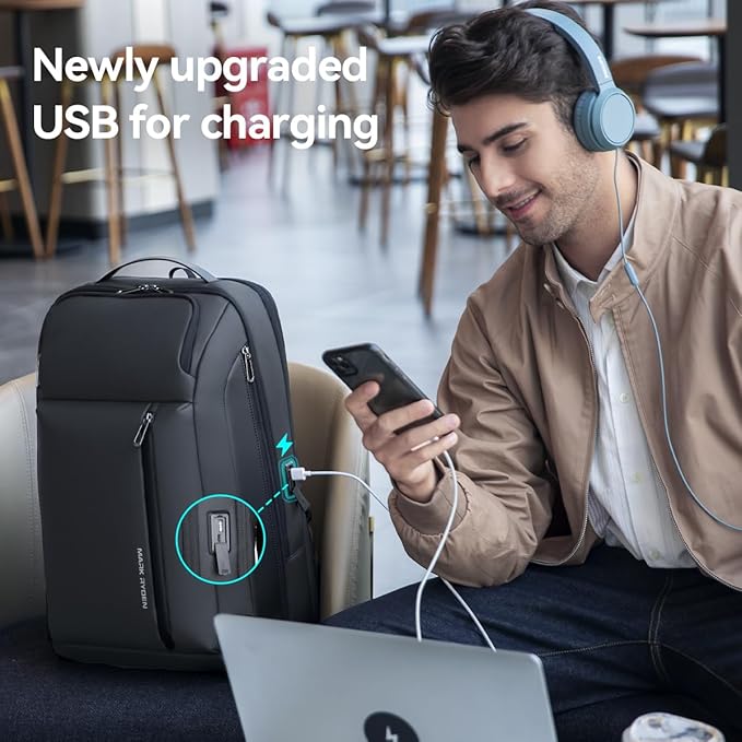 Muzee Business Backpack for Men, Travel Laptop Backpack Fits 15.6 Inch, Waterproof Expandable Bag 25L-35L, Grey Work Daypack with USB & USB-C Charging Ports, Anti-Theft Pocket, Luggage Strap