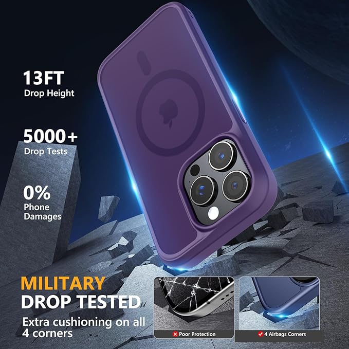 MOCCA Strong Magnetic for iPhone 15 Pro Case, [Compatible with Magsafe][13FT Military Drop Protection] Slim Translucent Matte Shockproof Case for iPhone 15 Pro Phone Case 6.1'', Deep Purple