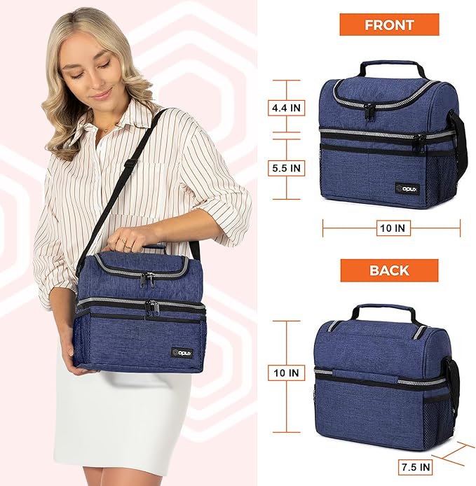 OPUX Lunch Box For Men Women, Insulated Large Lunch Bag Adult Work, Double Decker Lunchbox Meal Prep Dual Compartment Leakproof Lunch Cooler, Soft Lunch Pail Tote Boys Girls Kids School, Navy Blue 12L