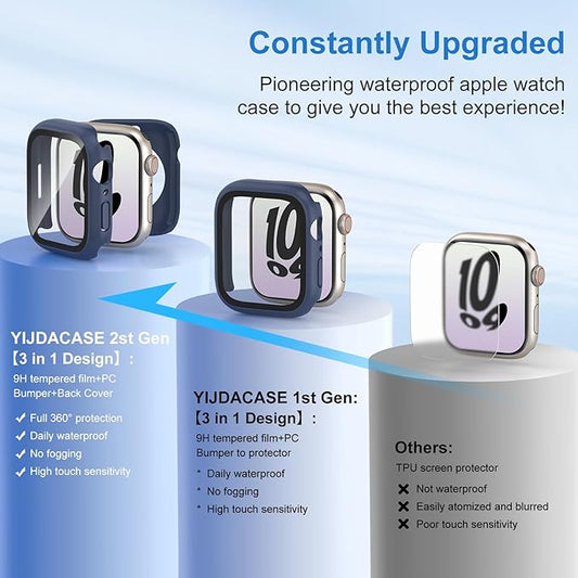 3 in 1 Waterproof Case for Apple Watch Screen Protector 45mm Series 9 8 7 Accessories Built-in Tempered Glass Film,Front and Back PC Hard Bumper 360° Protective Face Cover for iWatch 45mm