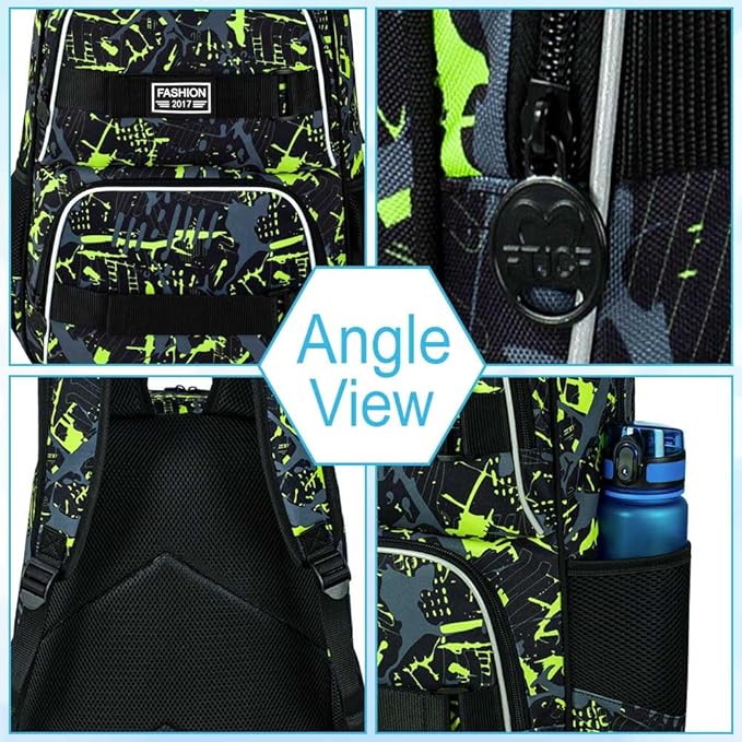 17 Inches Backpack for Boys Men, 3Pcs College Laptop Backpacks Set for Teens Students, Water Resistant Graffiti School Bookbag with Lunch Bag(Green)