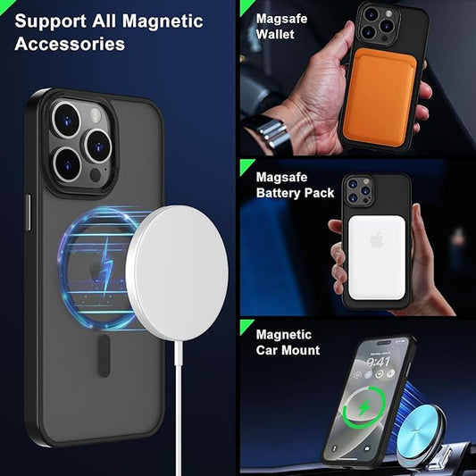 MOCCA Strong Magnetic for iPhone 15 Pro Max Case, [Compatible with Magsafe][13FT Military Drop Protection] Slim Translucent Matte Shockproof Case for iPhone 15 ProMax Case 6.7'', Black