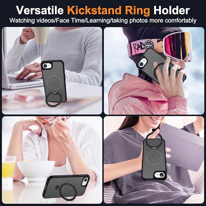 Compatible with iPhone 16E Case with Invisible Magnetic O-Ring Stand Military-Grade Translucent Case for iPhone 16E 6.1" 2025 [Compatible with Mag-Safe][Great Grip Feeling], Black