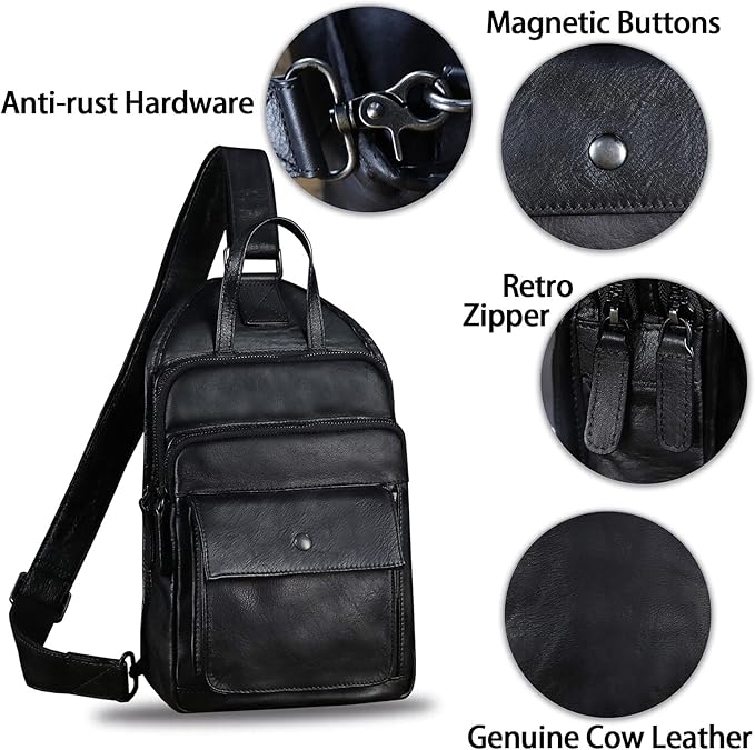 Genuine Leather Sling Bag for Men and Women Vintage Real Leather Fashion Sling Backpack Shoulder Crossbody Chest Purse