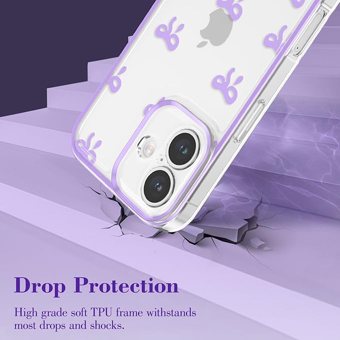 EYZUTAK Case for iPhone 16 Plus, Clear Cute Ribbon Bowknot Pattern Aesthetic Transparent Phone Case Raised Camera Protection Stylish Slim Soft Durable TPU Protective Cover for Women Girls - Purple