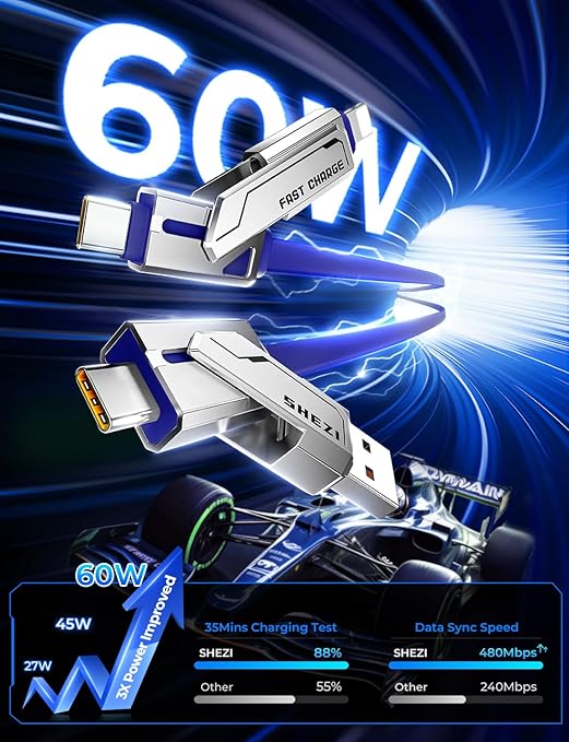 [2025 Upgrade] 4-in-1 USB C Cable 60W 5FT Compatible With Lightning Cable [Fast Charging & Data Transfer] Flat Type C/A to C/L Cord for iPhone/iPad, Multi Charger Wire Combo for All Devices (Blue)
