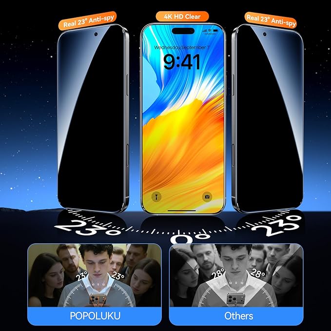 Military-Grade Tempered Glass for iPhone 17 Pro Privacy Screen Protector 2 Pack + Camera Lens Protector 1 Pack [100% Anti Spy] [3S Easy Installation No Bubble] Longest Durable