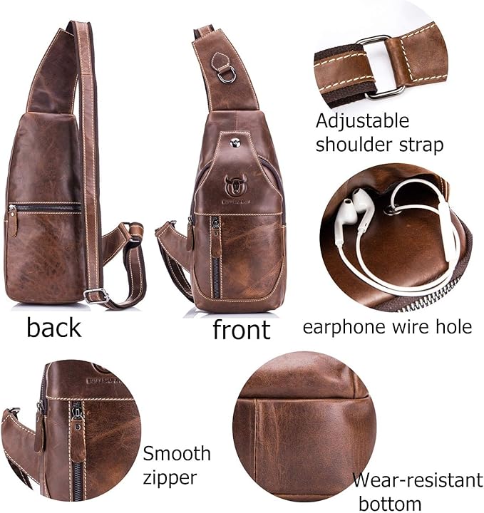 BULLCAPTAIN Genuine Leather Men Sling Crossbody Bag Multi-pocket Chest Bag Casual Travel Hiking Sling Backpack with Earphone Hole (Brown)