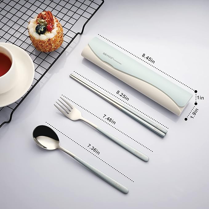 DEVICO Portable Travel Utensils with Case, Reusable Camping Silverware for Lunch, 18/8 Stainless Steel Cutlery Set (Blue)