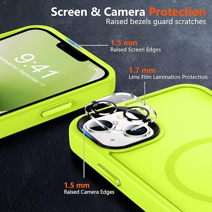 MOCCA Strong Magnetic for iPhone 13 Case, [Compatible with Magsafe][Screen Protector+Camera Lens Protector] Translucent Matte Back Slim Shockproof Case for iPhone 13 Phone Case 6.1", Fluorescent Green