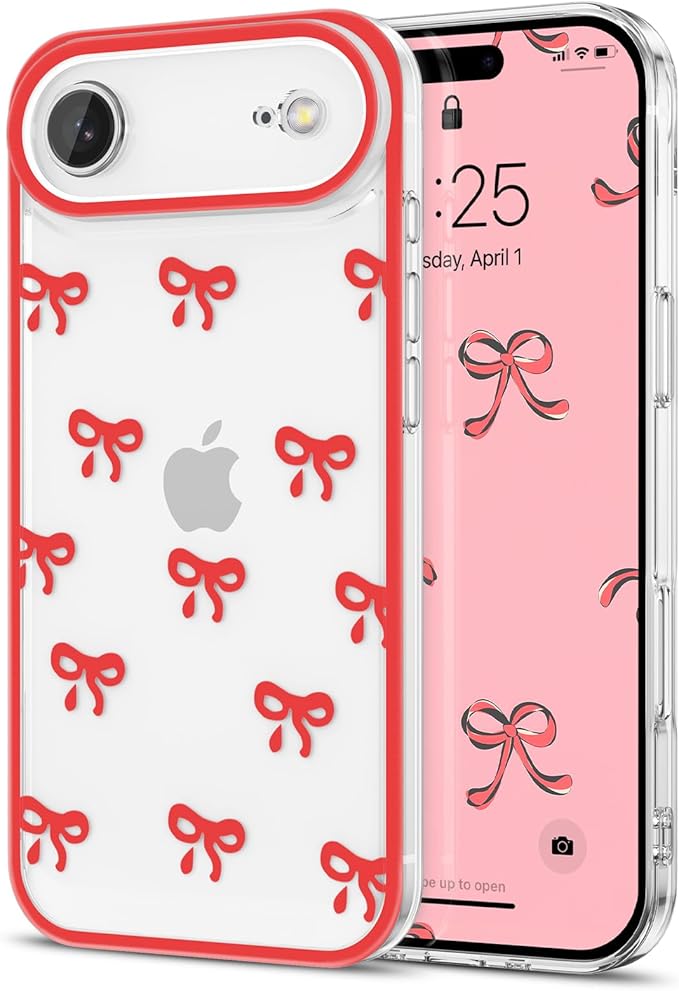 EYZUTAK Case for iPhone Air, Clear Cute Ribbon Bowknot Pattern Aesthetic Transparent Phone Case Raised Camera Protection Stylish Slim Soft Durable TPU Protective Cover for Women Girls - Red