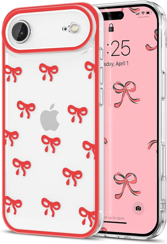 EYZUTAK Case for iPhone Air, Clear Cute Ribbon Bowknot Pattern Aesthetic Transparent Phone Case Raised Camera Protection Stylish Slim Soft Durable TPU Protective Cover for Women Girls - Red