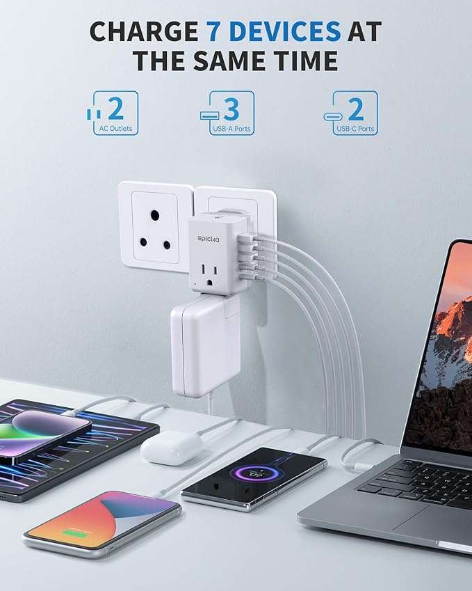 EPICKA US to India Travel Adapter, Universal Plug Adapter with 2 US Outlets, 3 USB-A & 2 USB-C Ports, Ultra Compact Swap&Adapt Type D Plug Attachment, Grounded Adapter for India, Pakistan (X232D)