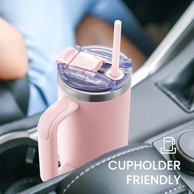 30 oz Tumbler with Handle, Tumbler with Lid and Straw, Double Wall Vacuum Insulated Travel Mug Stainless Steel Tumbler for Hot and Cold, Cupholder Friendly (Pink)