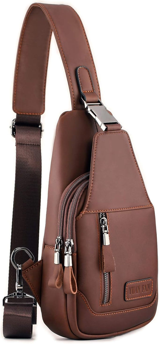 YUAN FAN Leather Sling Bag for Men,Chest Shoulder CrossBody Concealed Carry Bag Man Purse Travel Wander Plus Anti Theft Bag