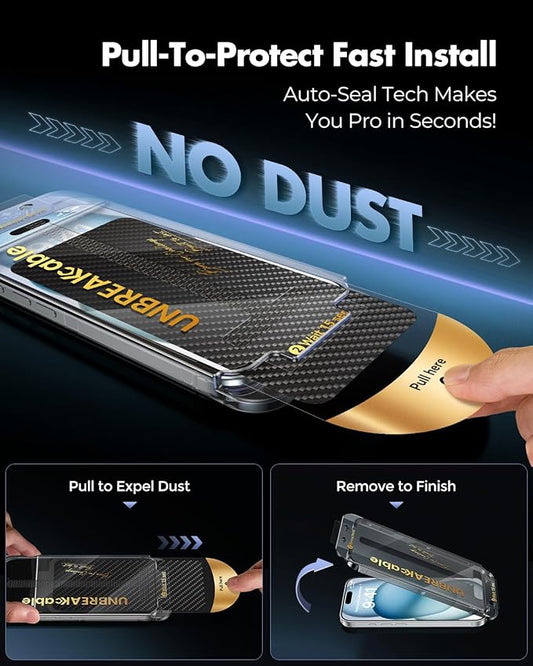 UNBREAKcable 3-Pack Screen Protector for iPhone 15 Tempered Glass - [One-Pull Perfection] [Auto Dust-Elimination] [9H+ Hardness] [99.99% HD Clear] Full Coverage for iPhone 6.1 inch
