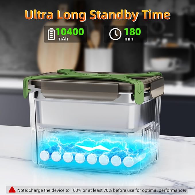 Cordless Electric Lunch Box, 1.2L Self Heating Lunch Box Battery Powered with Automatic Heating, BPA Free, Meal Prep Friendly (Green)