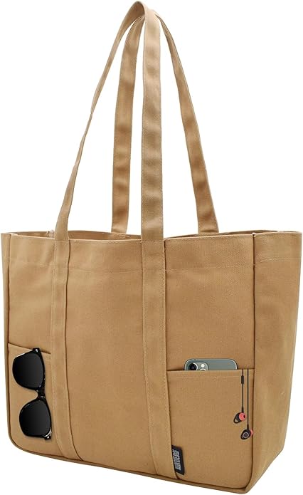 TeeYee Women's 20L Canvas Tote Bag Reusable Multi-Pocket Organizer for Travel Work Gym Shopping Large Shoulder Bag
