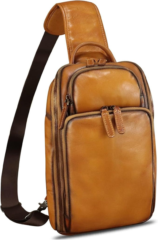 Genuine Leather Sling Bag for Men and Women Vintage Leather Sling Backpack Crossbody Bag Chest purse for 11 Inch Ipad Pro