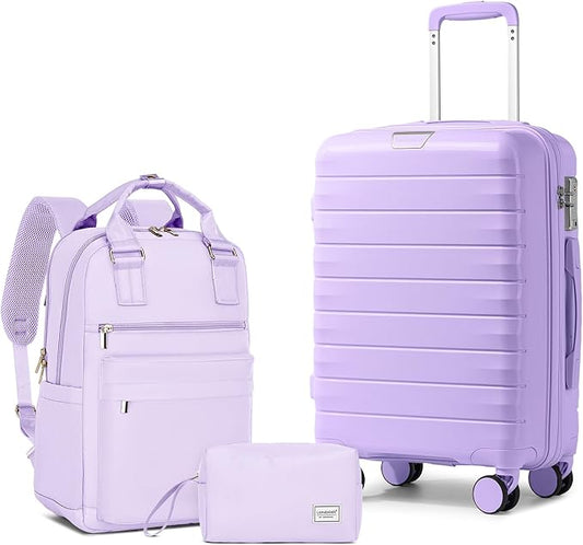 LARVENDER Luggage Sets 3 Piece, Hardside PP Carry On Suitcase with 360° Spinner Wheels TSA Lock Luggage Sets for Women, Lavender