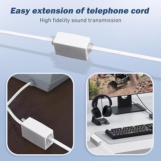 Phone Extension Cord 50 Ft, Telephone Cable with 1 in-Line Couplers and 20 Cable Clip Holders and Standard RJ11 Plug, White