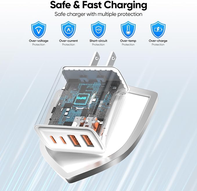 [2-Pack] USB C Wall Charger,80W 4-Port Type C Fast Charging Block,USBC Multiport Wall Plug PD&QC GaN Charging Cube with 6.6FT USB C Cable for iPhone 16/15/14/13/12/11/Pro Max/XS/XR, Samsung（White