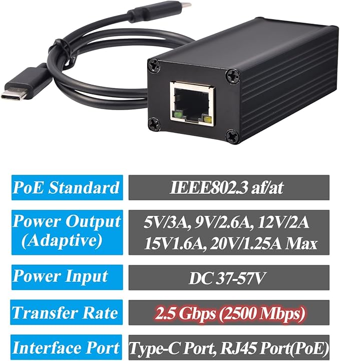 2.5G 25W PoE to USB-C Converter Adapter, Type-C Output Power & Ethernet 2 in 1, Max 20V 25W Charging & 2.5Gbps Rate for Laptop, Plug & Play (2.5GPD2CAT-20V)