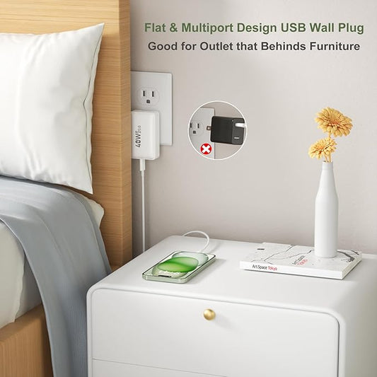 Flat USB C Wall Charger, OKRAY 3-Pack 40W 4-Port QC&PD3.0 Fast Charging Blocks with Foldable Plug, Slim USB A&USB C Charger Multiport Power Adapter for iPad, iPhone 16 15 14 13 12 Pro, AirPods, iwatch