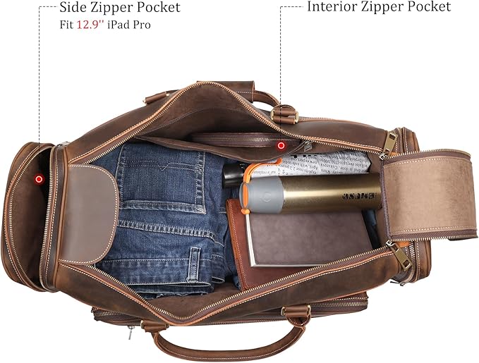 Polare 24" Retro Full Grain Leather Duffel Weekender Travel Overnight Luggage Bag With YKK Metal Zippers