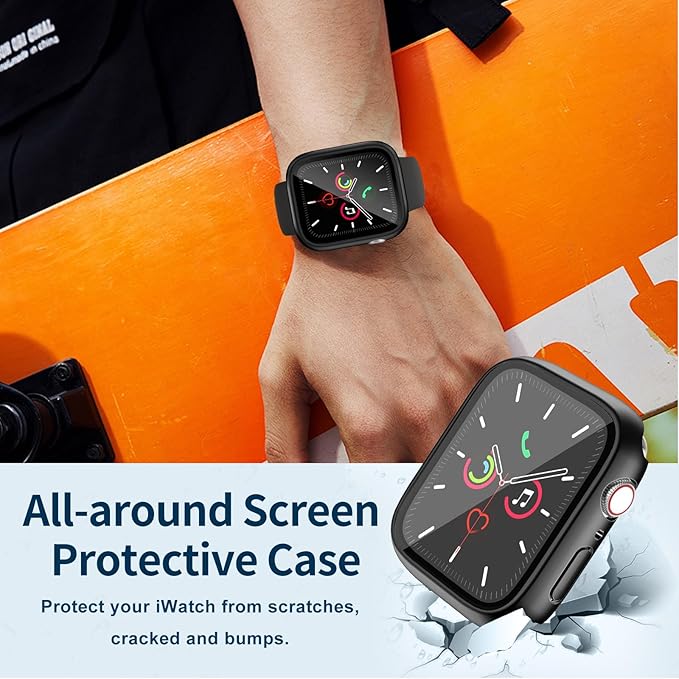 Waterproof Case for Apple Watch Series SE2 SE 6 5 4 44mm, Built-in Screen Protector with Tempered Glass [Touch Sensitive] Cover for iWatch S6/S5/S4/SE 44mm, Black